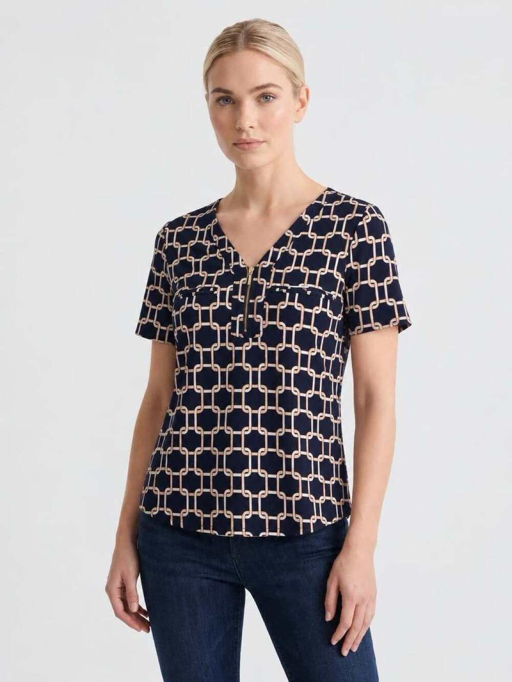 Fifty Street Blouse Size L Geometric Chain Print Zip V-Neck